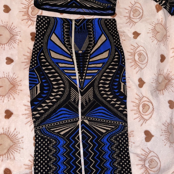Windsor Midi Skirt And Top Long Sleeve Black & Blue Body Con Print Cotton ( Set) - Picture 7 of 13